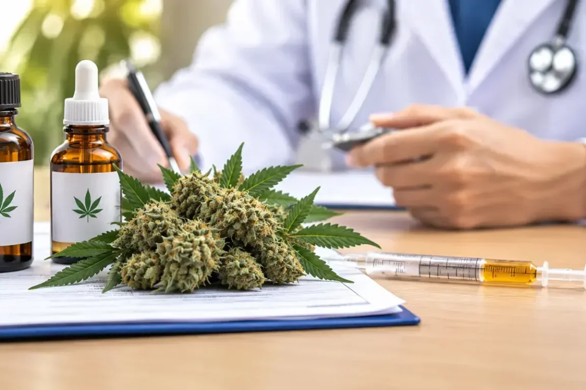 Medical marijuana flower and medicine beside a physician reviewing a patient file