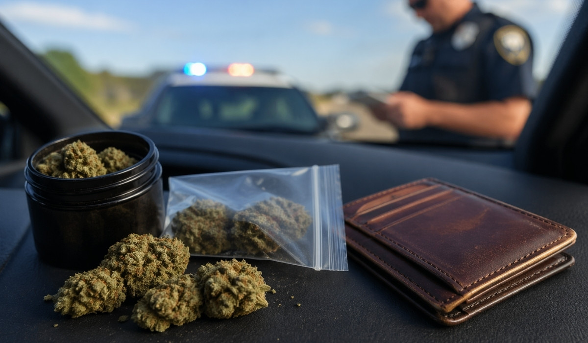 cannabis on car dashboard during police stop